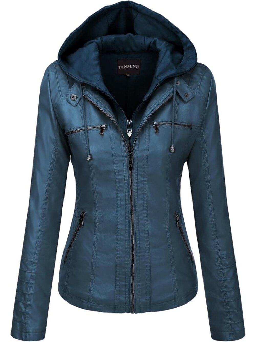 Women's Blue Faux Leather Jacket Hooded Moto Biker Fall Fashion Winter Coats